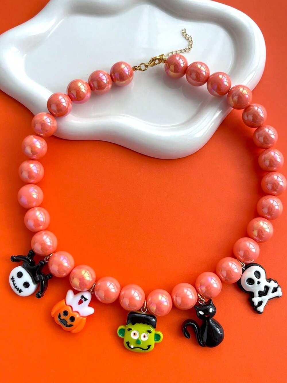 Halloween Gothic Orange Beaded Necklace Ghost Pumpkin Skeleton Charms